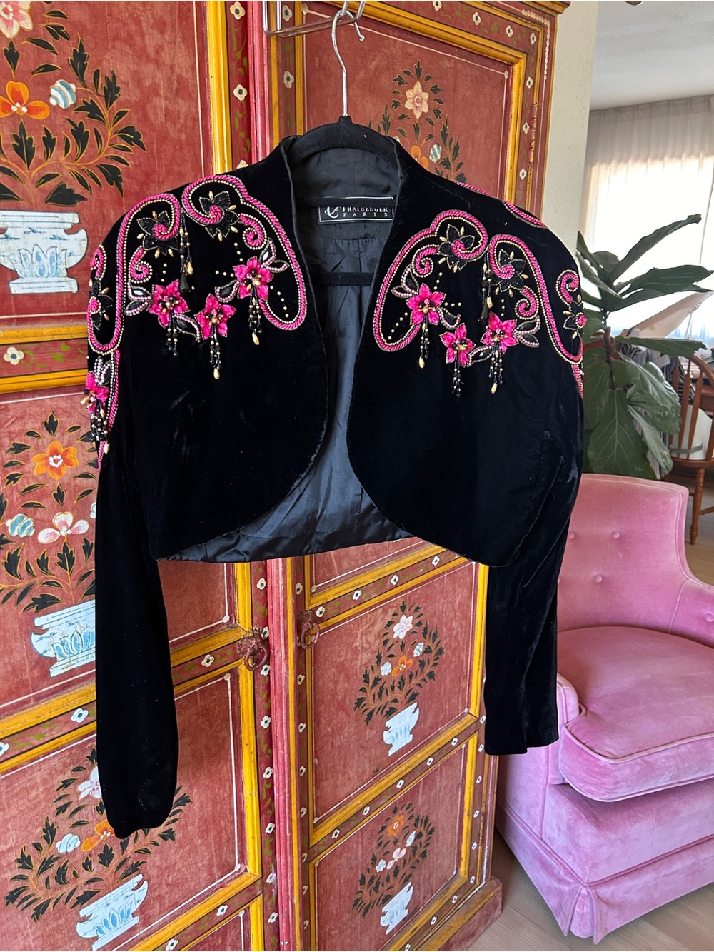 Embellished Black Velvet Bolero Jacket with Pink Beadwork